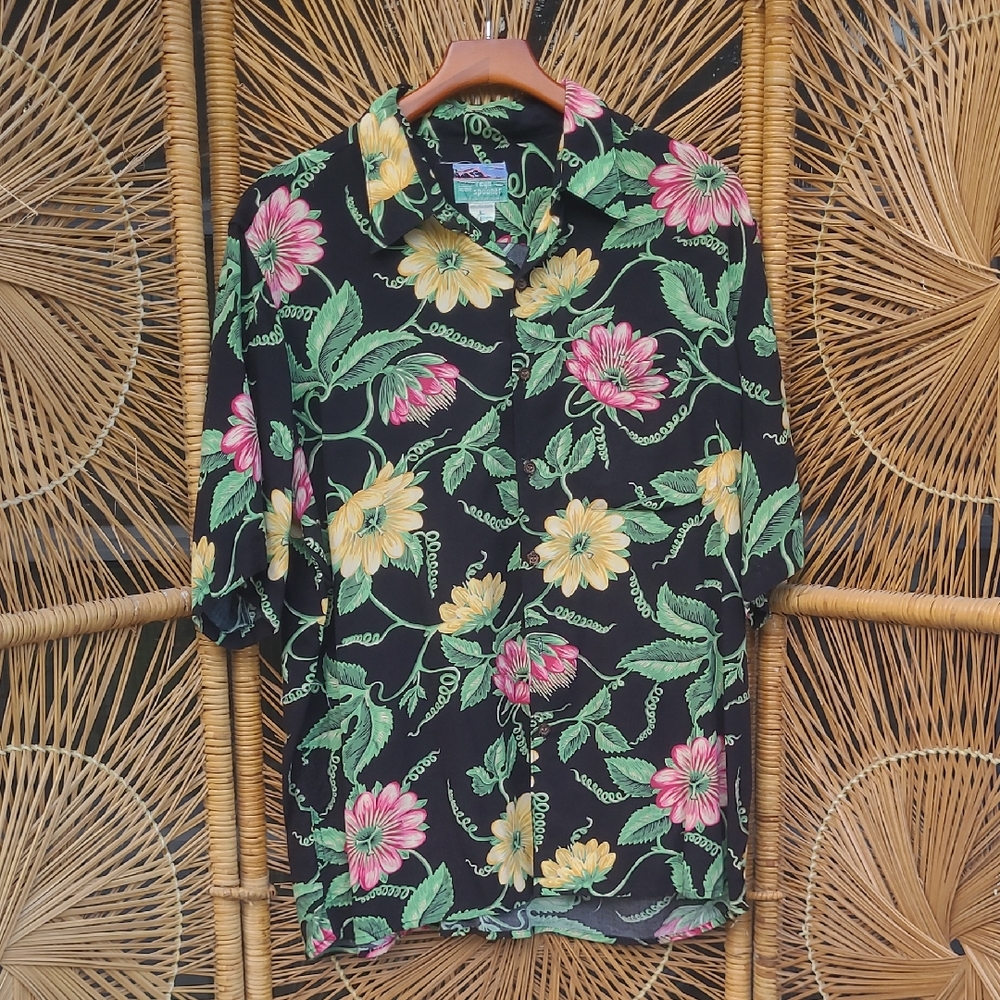 Reyn Spooner L Black Shirt with Pink and Yellow Maypop Floral Design Button Up